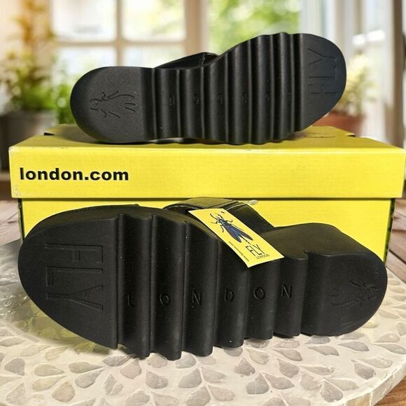 Fly London $190 BESY357FLY Moose Black Leather Slide Wedge Sandals Women’s EU 38 - Picture 11 of 16
